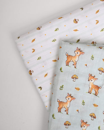 Twingle 100% Organic Muslin Swaddles-Fawnie Friends & Leafy Mush-Bigger than Standard Swaddles-Supports Natural Airflow-Soft Gentle Edges-White & Blue-Pack of 2-Infant Wraps