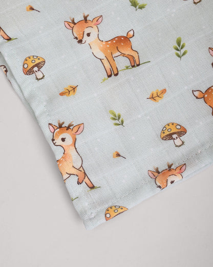 Twingle 100% Organic Muslin Swaddles-Fawnie Friends & Leafy Mush-Bigger than Standard Swaddles-Supports Natural Airflow-Soft Gentle Edges-White & Blue-Pack of 2-Infant Wraps