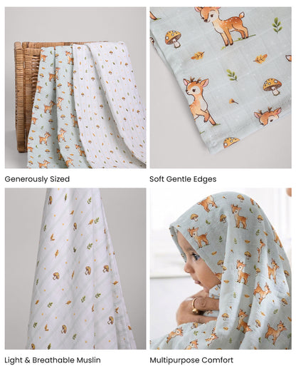 Twingle 100% Organic Muslin Swaddles-Fawnie Friends & Leafy Mush-Bigger than Standard Swaddles-Supports Natural Airflow-Soft Gentle Edges-White & Blue-Pack of 2-Infant Wraps