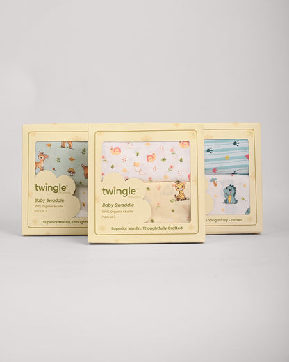 Twingle 100% Organic Muslin Swaddles-Giffy Garden & Snail Trail-Bigger than Standard Swaddles-Supports Natural Airflow-Soft Gentle Edges-White & Cream-Pack of 2-Infant Wraps
