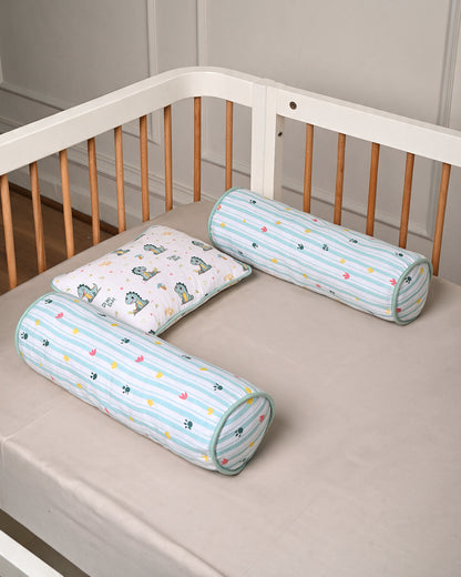 Twingle 100% Organic Muslin Baby Pillow & Bolsters-Dino Dare & Paw Strokes-High Twist Yarn for Lasting Softness-Eco Certified Genesta Inks for Skin-Safe Prints-White & Blue-Pack of 3-For Infants