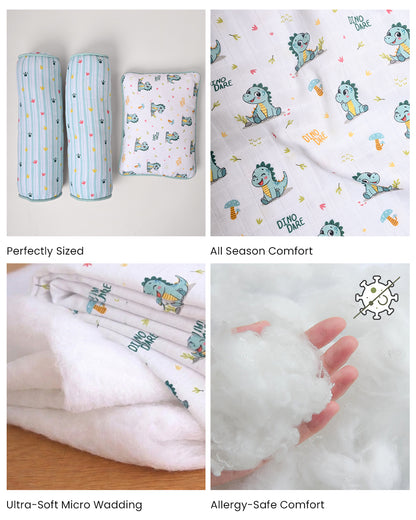 Twingle 100% Organic Muslin Baby Pillow & Bolsters-Dino Dare & Paw Strokes-High Twist Yarn for Lasting Softness-Eco Certified Genesta Inks for Skin-Safe Prints-White & Blue-Pack of 3-For Infants