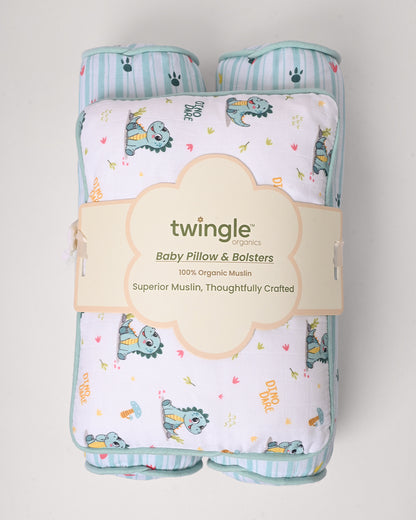 Twingle 100% Organic Muslin Baby Pillow & Bolsters-Dino Dare & Paw Strokes-High Twist Yarn for Lasting Softness-Eco Certified Genesta Inks for Skin-Safe Prints-White & Blue-Pack of 3-For Infants