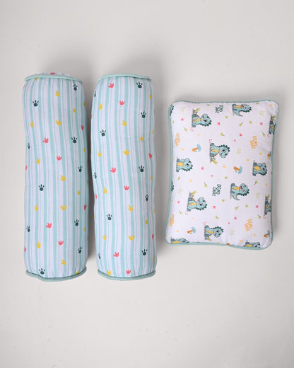 Twingle 100% Organic Muslin Baby Pillow & Bolsters-Dino Dare & Paw Strokes-High Twist Yarn for Lasting Softness-Eco Certified Genesta Inks for Skin-Safe Prints-White & Blue-Pack of 3-For Infants