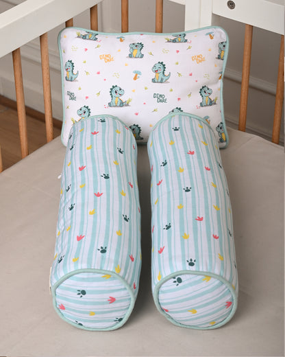 Twingle 100% Organic Muslin Baby Pillow & Bolsters-Dino Dare & Paw Strokes-High Twist Yarn for Lasting Softness-Eco Certified Genesta Inks for Skin-Safe Prints-White & Blue-Pack of 3-For Infants