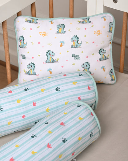 Twingle 100% Organic Muslin Baby Pillow & Bolsters-Dino Dare & Paw Strokes-High Twist Yarn for Lasting Softness-Eco Certified Genesta Inks for Skin-Safe Prints-White & Blue-Pack of 3-For Infants