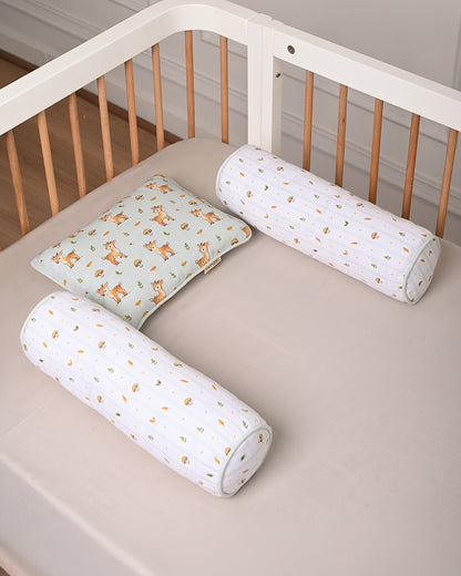 Twingle 100% Organic Muslin Baby Pillow & Bolsters-Fawnie Friends & Leafy Mush-High Twist Yarn for Lasting Softness-Eco Certified Genesta Inks for Skin-Safe Prints-White & Blue-Pack of 3-For Infants