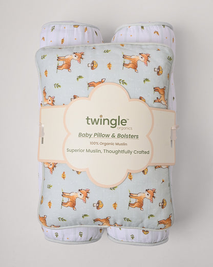 Twingle 100% Organic Muslin Baby Pillow & Bolsters-Fawnie Friends & Leafy Mush-High Twist Yarn for Lasting Softness-Eco Certified Genesta Inks for Skin-Safe Prints-White & Blue-Pack of 3-For Infants