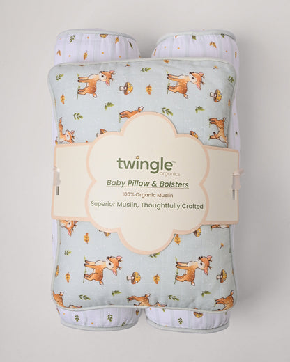 Twingle 100% Organic Muslin Fawnie Friends Baby Bedding Set-Pack of 5-Reversible Blanket, All-round Elastic Bedsheet, Pillow & Bolsters-Eco Certified Genesta baby safe Inks-White & Light Blue-For Infants