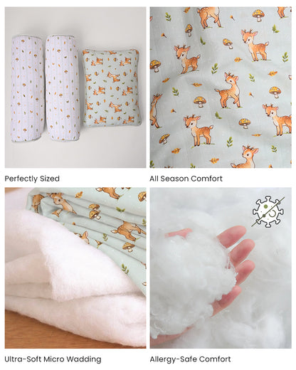 Twingle 100% Organic Muslin Baby Pillow & Bolsters-Fawnie Friends & Leafy Mush-High Twist Yarn for Lasting Softness-Eco Certified Genesta Inks for Skin-Safe Prints-White & Blue-Pack of 3-For Infants