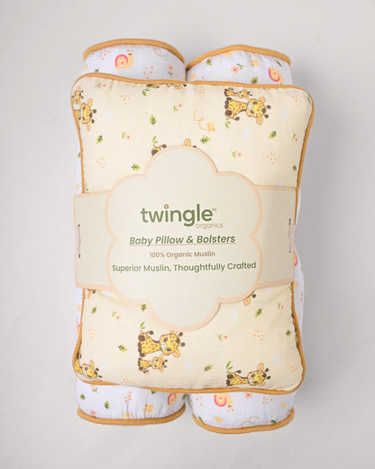 Twingle 100% Organic Muslin Baby Pillow & Bolsters-Giffy Garden & Snail Trail-High Twist Yarn for Lasting Softness-Eco Certified Genesta Inks for Skin-Safe Prints-White & Cream-Pack of 3-For Infants