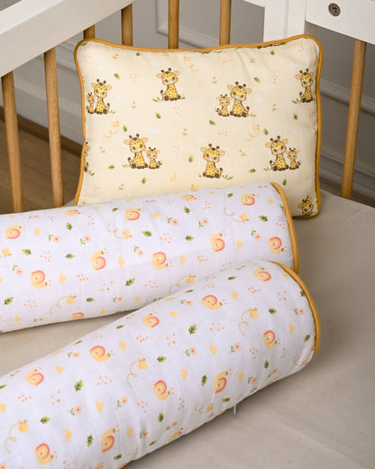 Twingle 100% Organic Muslin Giffy Garden Baby Bedding Set-Pack of 5-Reversible Blanket, All-round Elastic Bedsheet, Pillow & Bolsters-Eco Certified Genesta baby safe Inks-White & Cream-For Infants