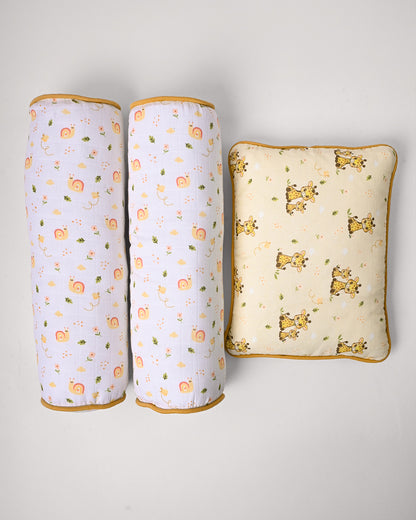 Twingle 100% Organic Muslin Baby Pillow & Bolsters-Giffy Garden & Snail Trail-High Twist Yarn for Lasting Softness-Eco Certified Genesta Inks for Skin-Safe Prints-White & Cream-Pack of 3-For Infants