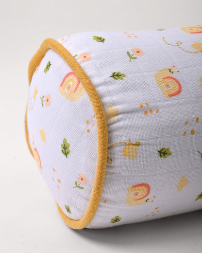 Twingle 100% Organic Muslin Giffy Garden Baby Bedding Set-Pack of 5-Reversible Blanket, All-round Elastic Bedsheet, Pillow & Bolsters-Eco Certified Genesta baby safe Inks-White & Cream-For Infants