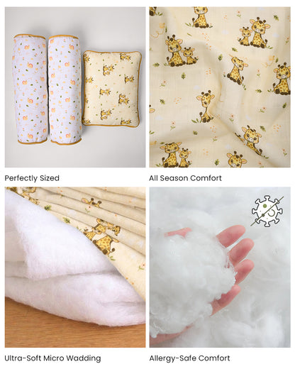 Twingle 100% Organic Muslin Baby Pillow & Bolsters-Giffy Garden & Snail Trail-High Twist Yarn for Lasting Softness-Eco Certified Genesta Inks for Skin-Safe Prints-White & Cream-Pack of 3-For Infants