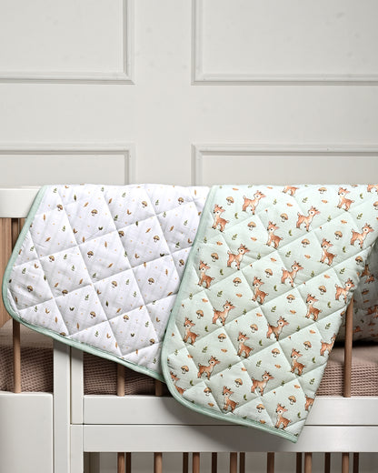 Twingle 100% Organic Muslin Reversible Baby Quilt-Fawnie Friends & Leafy Mush-High Twist Yarn for Lasting Softness-Eco Certified Genesta Inks for Skin-Safe Prints-White & Blue-For Infants