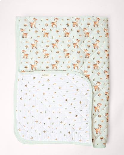 Twingle 100% Organic Muslin Reversible Baby Quilt-Fawnie Friends & Leafy Mush-High Twist Yarn for Lasting Softness-Eco Certified Genesta Inks for Skin-Safe Prints-White & Blue-For Infants