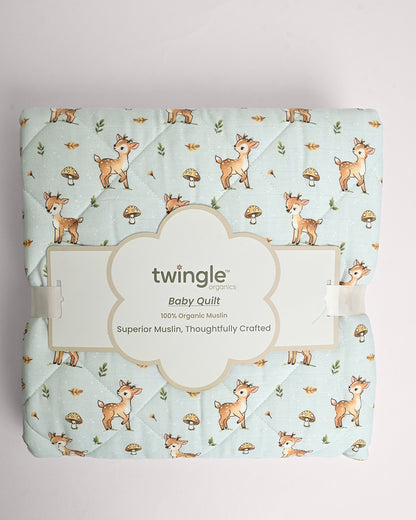 Twingle 100% Organic Muslin Reversible Baby Quilt-Fawnie Friends & Leafy Mush-High Twist Yarn for Lasting Softness-Eco Certified Genesta Inks for Skin-Safe Prints-White & Blue-For Infants