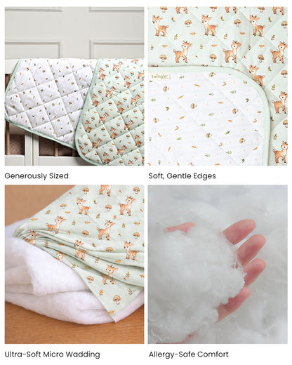 Twingle 100% Organic Muslin Reversible Baby Quilt-Fawnie Friends & Leafy Mush-High Twist Yarn for Lasting Softness-Eco Certified Genesta Inks for Skin-Safe Prints-White & Blue-For Infants