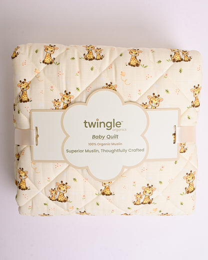 Twingle 100% Organic Muslin Reversible Baby Quilt-Giffy Garden & Snail Trail-High Twist Yarn for Lasting Softness-Eco Certified Genesta Inks for Skin-Safe Prints-White & Cream-For Infants