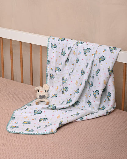 Twingle 100% Organic Muslin Reversible Baby Blanket-Dino Dare & Paw Strokes-4-Layer Plush Weave Muslin-Naturally Temperature Regulating-White & Blue-For Infants