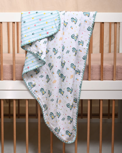 Twingle 100% Organic Muslin Reversible Baby Blanket-Dino Dare & Paw Strokes-4-Layer Plush Weave Muslin-Naturally Temperature Regulating-White & Blue-For Infants