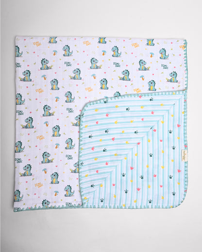 Twingle 100% Organic Muslin Reversible Baby Blanket-Dino Dare & Paw Strokes-4-Layer Plush Weave Muslin-Naturally Temperature Regulating-White & Blue-For Infants