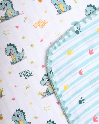 Twingle 100% Organic Muslin Reversible Baby Blanket-Dino Dare & Paw Strokes-4-Layer Plush Weave Muslin-Naturally Temperature Regulating-White & Blue-For Infants