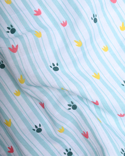 Twingle 100% Organic Muslin Reversible Baby Blanket-Dino Dare & Paw Strokes-4-Layer Plush Weave Muslin-Naturally Temperature Regulating-White & Blue-For Infants
