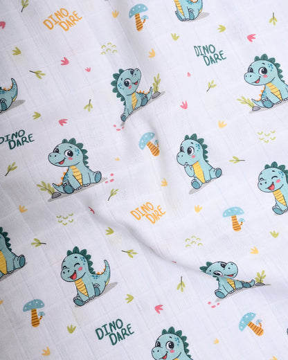 Twingle 100% Organic Muslin Reversible Baby Blanket-Dino Dare & Paw Strokes-4-Layer Plush Weave Muslin-Naturally Temperature Regulating-White & Blue-For Infants
