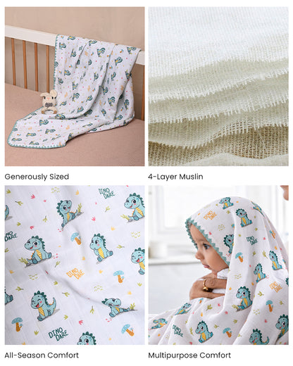 Twingle 100% Organic Muslin Reversible Baby Blanket-Dino Dare & Paw Strokes-4-Layer Plush Weave Muslin-Naturally Temperature Regulating-White & Blue-For Infants
