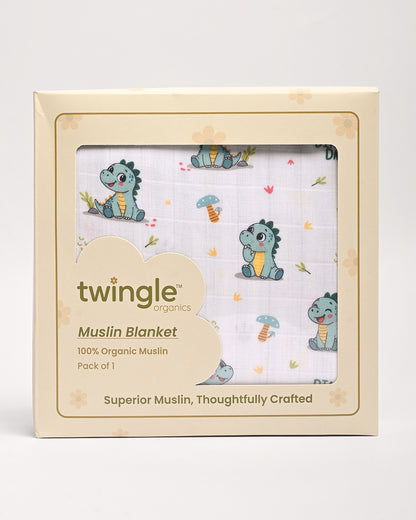 Twingle 100% Organic Muslin Reversible Baby Blanket-Dino Dare & Paw Strokes-4-Layer Plush Weave Muslin-Naturally Temperature Regulating-White & Blue-For Infants