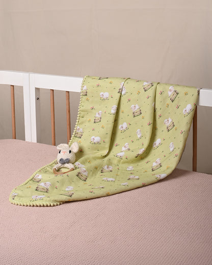 Twingle 100% Organic Muslin Reversible Baby Blanket-Sweet Fluff & Picnic Checks-4-Layer Plush Weave Muslin-Naturally Temperature Regulating-White & Sage-For Infants