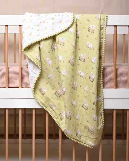 Twingle 100% Organic Muslin Reversible Baby Blanket-Sweet Fluff & Picnic Checks-4-Layer Plush Weave Muslin-Naturally Temperature Regulating-White & Sage-For Infants