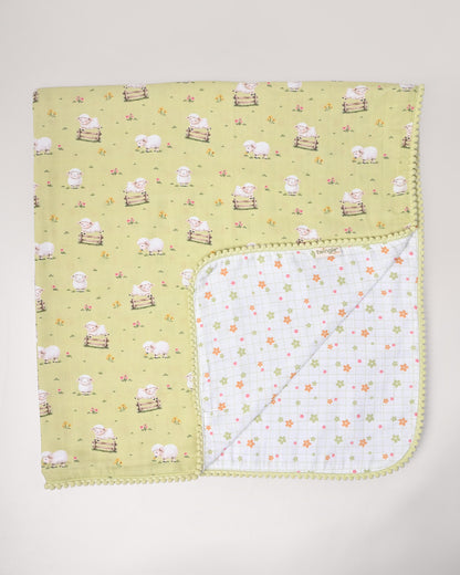 Twingle 100% Organic Muslin Reversible Baby Blanket-Sweet Fluff & Picnic Checks-4-Layer Plush Weave Muslin-Naturally Temperature Regulating-White & Sage-For Infants