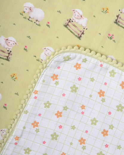 Twingle 100% Organic Muslin Reversible Baby Blanket-Sweet Fluff & Picnic Checks-4-Layer Plush Weave Muslin-Naturally Temperature Regulating-White & Sage-For Infants