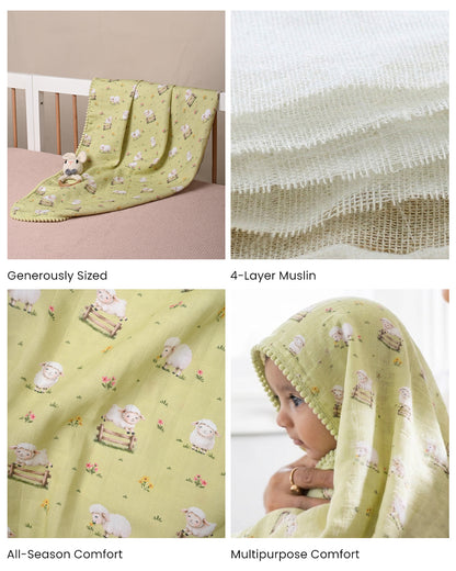 Twingle 100% Organic Muslin Reversible Baby Blanket-Sweet Fluff & Picnic Checks-4-Layer Plush Weave Muslin-Naturally Temperature Regulating-White & Sage-For Infants