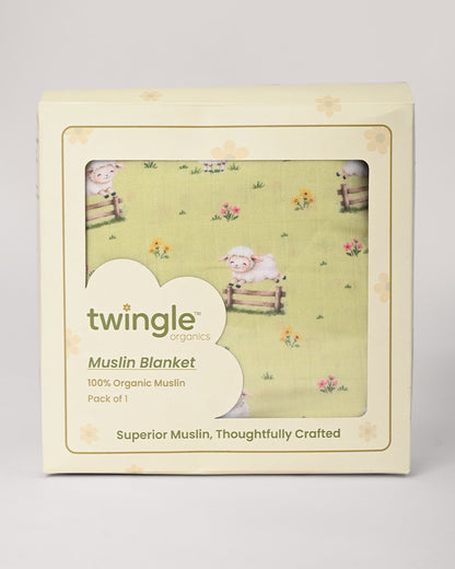 Twingle 100% Organic Muslin Reversible Baby Blanket-Sweet Fluff & Picnic Checks-4-Layer Plush Weave Muslin-Naturally Temperature Regulating-White & Sage-For Infants