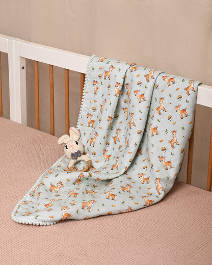 Twingle 100% Organic Muslin Reversible Baby Blanket-Fawnie Friends & Leafy Mush-4-Layer Plush Weave Muslin-Naturally Temperature Regulating-White & Blue-For Infants
