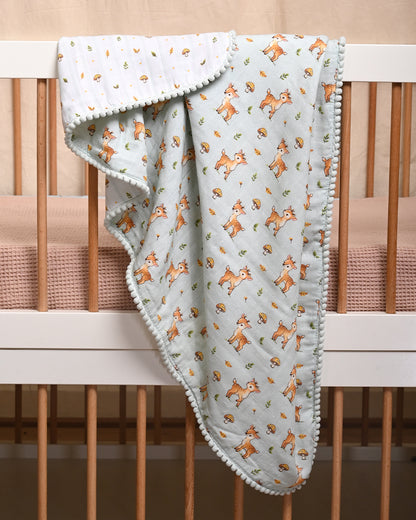 Twingle 100% Organic Muslin Reversible Baby Blanket-Fawnie Friends & Leafy Mush-4-Layer Plush Weave Muslin-Naturally Temperature Regulating-White & Blue-For Infants