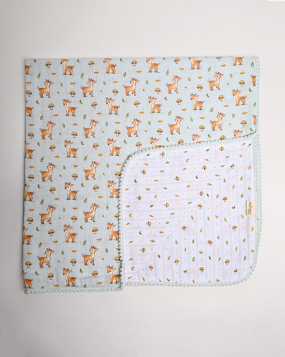 Twingle 100% Organic Muslin Reversible Baby Blanket-Fawnie Friends & Leafy Mush-4-Layer Plush Weave Muslin-Naturally Temperature Regulating-White & Blue-For Infants