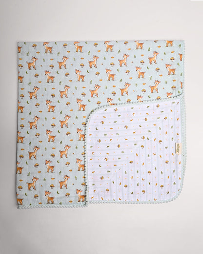 Twingle 100% Organic Muslin Fawnie Friends Baby Bedding Set-Pack of 5-Reversible Blanket, All-round Elastic Bedsheet, Pillow & Bolsters-Eco Certified Genesta baby safe Inks-White & Light Blue-For Infants