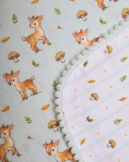 Twingle 100% Organic Muslin Fawnie Friends Baby Bedding Set-Pack of 5-Reversible Blanket, All-round Elastic Bedsheet, Pillow & Bolsters-Eco Certified Genesta baby safe Inks-White & Light Blue-For Infants