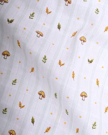 Twingle 100% Organic Muslin Reversible Baby Blanket-Fawnie Friends & Leafy Mush-4-Layer Plush Weave Muslin-Naturally Temperature Regulating-White & Blue-For Infants