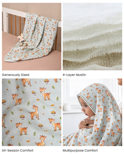 Twingle 100% Organic Muslin Reversible Baby Blanket-Fawnie Friends & Leafy Mush-4-Layer Plush Weave Muslin-Naturally Temperature Regulating-White & Blue-For Infants