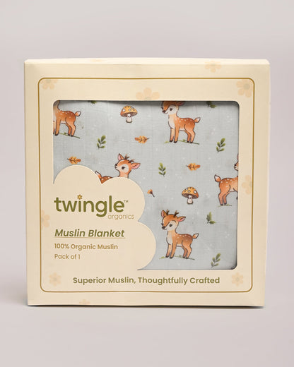 Twingle 100% Organic Muslin Fawnie Friends Baby Bedding Set-Pack of 5-Reversible Blanket, All-round Elastic Bedsheet, Pillow & Bolsters-Eco Certified Genesta baby safe Inks-White & Light Blue-For Infants