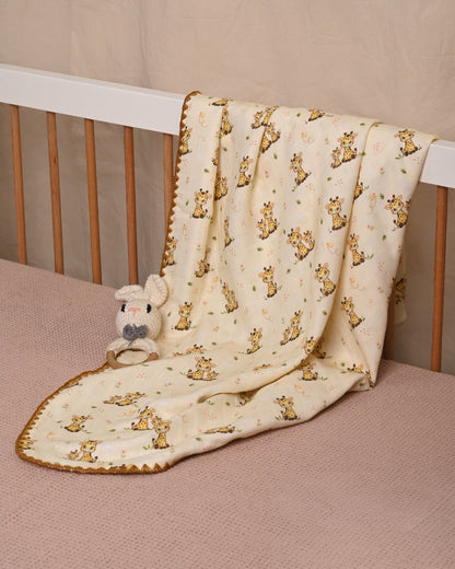 Twingle 100% Organic Muslin Giffy Garden Baby Bedding Set-Pack of 5-Reversible Blanket, All-round Elastic Bedsheet, Pillow & Bolsters-Eco Certified Genesta baby safe Inks-White & Cream-For Infants