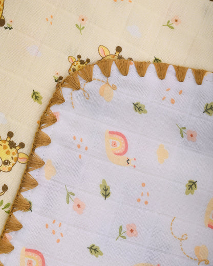 Twingle 100% Organic Muslin Giffy Garden Baby Bedding Set-Pack of 5-Reversible Blanket, All-round Elastic Bedsheet, Pillow & Bolsters-Eco Certified Genesta baby safe Inks-White & Cream-For Infants