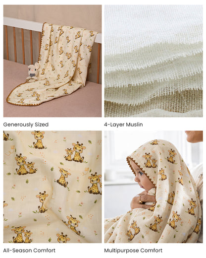 Twingle 100% Organic Muslin Reversible Baby Blanket-Giffy Garden & Snail Trail-4-Layer Plush Weave Muslin-Naturally Temperature Regulating-White & Cream-For Infants
