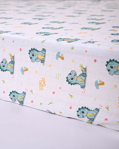 Twingle 100% Organic Muslin Fitted Cot Bedsheet-Dino Dare-Generously Sized-Secured All-Round Elastic for Snug Fit-Softens with each Wash-White-Pack of 1-For Infants